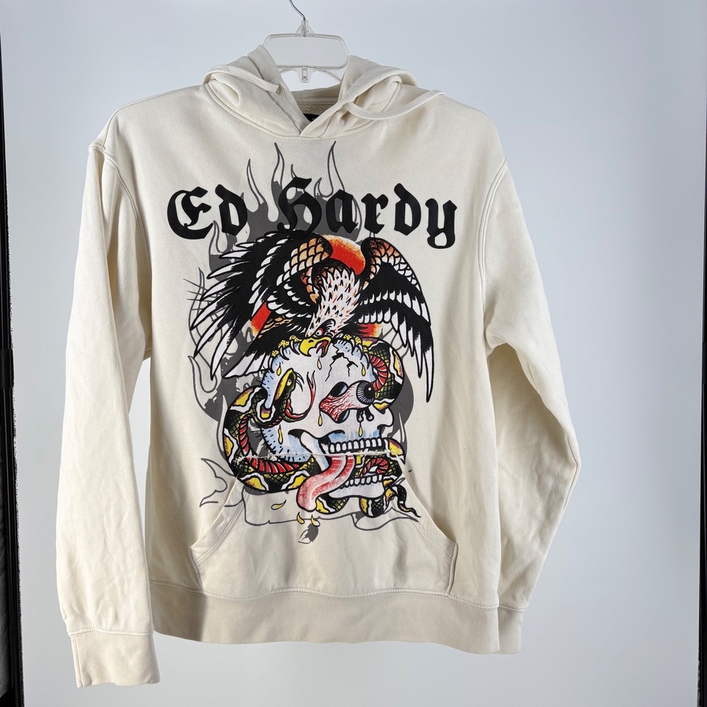 Ed Hardy Mens Medium Cream Eagle Skull Graphic Hoodie EHM1300-64